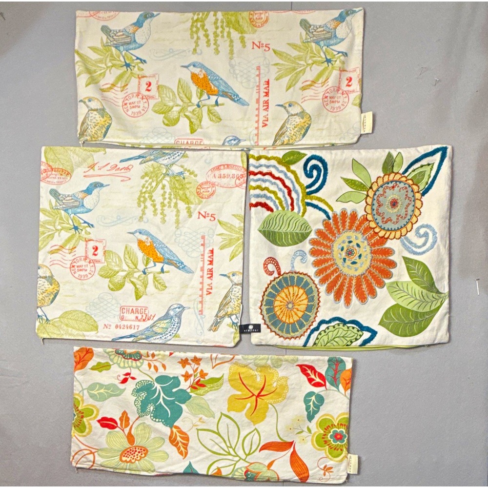 Set of 2 18x18 and 2 26x12 Bird & Floral Embroidered and stamped Zip Covers